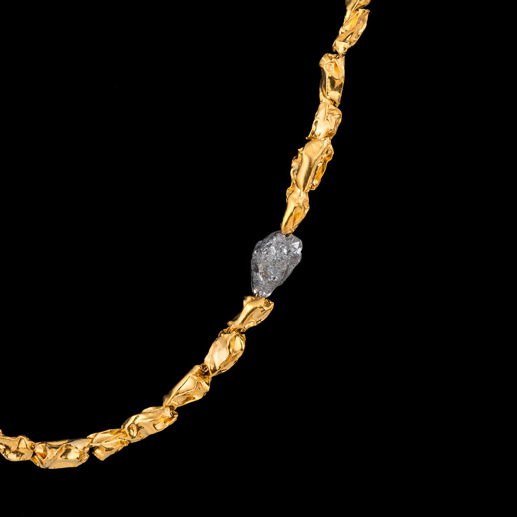 Folded 24K Gold Beads and a Raw Diamond Necklace